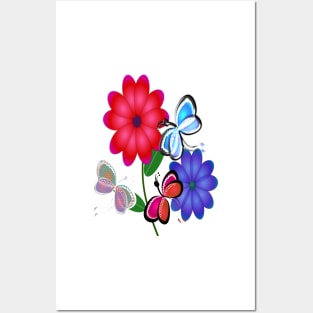 Abstract Butterflies with Flowers (Blue) Posters and Art